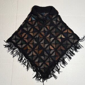 VINTAGE Faux Leather Suede‎ Muted Multicolor Patterned Black Knit Sweater Poncho